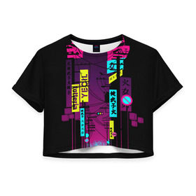 Женская футболка 3D укороченная с принтом Неоновый город в Санкт-Петербурге, 100% полиэстер | круглая горловина, длина футболки до линии талии, рукава с отворотами | кислотные костюмы | кислотные цвета | неон | флуоресцентные принты