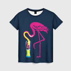 Женская футболка 3D с принтом Кислотный фламинго в Санкт-Петербурге, 100% полиэфир ( синтетическое хлопкоподобное полотно) | прямой крой, круглый вырез горловины, длина до линии бедер | кислотные костюмы | кислотные цвета | неон | флуоресцентные принты