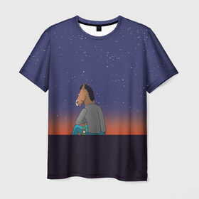 Мужская футболка 3D с принтом Конь Бо Джек в Санкт-Петербурге, 100% полиэфир | прямой крой, круглый вырез горловины, длина до линии бедер | Тематика изображения на принте: конь бо джек | мультфильм | ночь