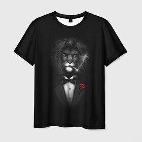 Мужская футболка 3D с принтом Лев в Санкт-Петербурге, 100% полиэфир | прямой крой, круглый вырез горловины, длина до линии бедер | Тематика изображения на принте: арт | бабочка | грива | дым | животное | костюм | лев | минимализм | роза | смокинг | хищник | царь зверей