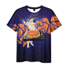 Мужская футболка 3D с принтом Пицца - Кот в Санкт-Петербурге, 100% полиэфир | прямой крой, круглый вырез горловины, длина до линии бедер | cat | galaxy | lightning | pizza | грозовой кошак | диджей | космос | кот | котики | котэ | кошак | метеориты | молния | пицца | прикол | приколы с котами | прикольная