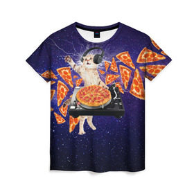 Женская футболка 3D с принтом Пицца - Кот в Санкт-Петербурге, 100% полиэфир ( синтетическое хлопкоподобное полотно) | прямой крой, круглый вырез горловины, длина до линии бедер | cat | galaxy | lightning | pizza | грозовой кошак | диджей | космос | кот | котики | котэ | кошак | метеориты | молния | пицца | прикол | приколы с котами | прикольная