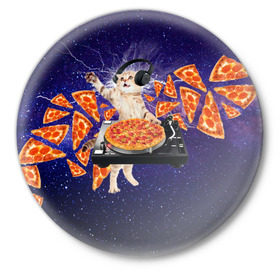 Значок с принтом Пицца - Кот в Санкт-Петербурге,  металл | круглая форма, металлическая застежка в виде булавки | cat | galaxy | lightning | pizza | грозовой кошак | диджей | космос | кот | котики | котэ | кошак | метеориты | молния | пицца | прикол | приколы с котами | прикольная
