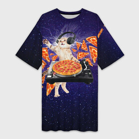 Платье-футболка 3D с принтом Пицца   Кот в Санкт-Петербурге,  |  | cat | galaxy | lightning | pizza | грозовой кошак | диджей | космос | кот | котики | котэ | кошак | метеориты | молния | пицца | прикол | приколы с котами | прикольная