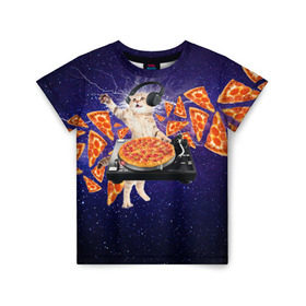 Детская футболка 3D с принтом Пицца - Кот в Санкт-Петербурге, 100% гипоаллергенный полиэфир | прямой крой, круглый вырез горловины, длина до линии бедер, чуть спущенное плечо, ткань немного тянется | cat | galaxy | lightning | pizza | грозовой кошак | диджей | космос | кот | котики | котэ | кошак | метеориты | молния | пицца | прикол | приколы с котами | прикольная