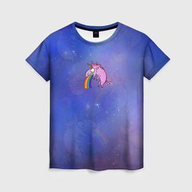 Женская футболка 3D с принтом Единорог, блюющий радугой в Санкт-Петербурге, 100% полиэфир ( синтетическое хлопкоподобное полотно) | прямой крой, круглый вырез горловины, длина до линии бедер | bird born | блевать | единорог | иллюстратор | кот степан | коты | милота | радуга | тошнит