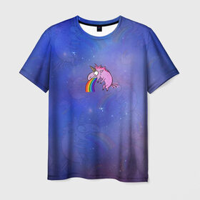 Мужская футболка 3D с принтом Единорог, блюющий радугой в Санкт-Петербурге, 100% полиэфир | прямой крой, круглый вырез горловины, длина до линии бедер | bird born | блевать | единорог | иллюстратор | кот степан | коты | милота | радуга | тошнит