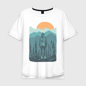 Мужская футболка хлопок Oversize с принтом Adventure в Санкт-Петербурге, 100% хлопок | свободный крой, круглый ворот, “спинка” длиннее передней части | moutains | sun | turism | горы | закат | приключения | природа | тундра | туризм