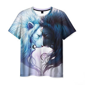 Мужская футболка 3D с принтом Lions love в Санкт-Петербурге, 100% полиэфир | прямой крой, круглый вырез горловины, длина до линии бедер | love | день | лев | львиное сердце | любовь | ночь | сердце