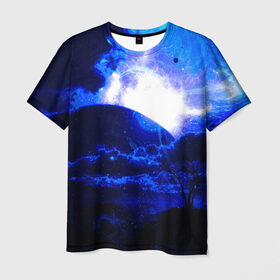 Мужская футболка 3D с принтом Космический закат в Санкт-Петербурге, 100% полиэфир | прямой крой, круглый вырез горловины, длина до линии бедер | galaxy | nebula | neon | space | star | абстракция | вселенная | галактика | звезда | звезды | космический | неон | неоновый | неоновый космос | планеты
