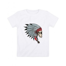 Детская футболка хлопок с принтом Череп индейца в Санкт-Петербурге, 100% хлопок | круглый вырез горловины, полуприлегающий силуэт, длина до линии бедер | голова | индеец | кость | скальп | скальпель | ужасы | хоррор | череп | черепок