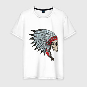 Мужская футболка хлопок с принтом Череп индейца в Санкт-Петербурге, 100% хлопок | прямой крой, круглый вырез горловины, длина до линии бедер, слегка спущенное плечо. | голова | индеец | кость | скальп | скальпель | ужасы | хоррор | череп | черепок