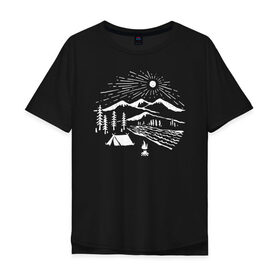 Мужская футболка хлопок Oversize с принтом Поход в Санкт-Петербурге, 100% хлопок | свободный крой, круглый ворот, “спинка” длиннее передней части | горы | костёр | лес | озеро | палатка | приключения | природа | путешествие | речка | солнце | турист