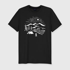 Мужская футболка премиум с принтом Поход в Санкт-Петербурге, 92% хлопок, 8% лайкра | приталенный силуэт, круглый вырез ворота, длина до линии бедра, короткий рукав | горы | костёр | лес | озеро | палатка | приключения | природа | путешествие | речка | солнце | турист
