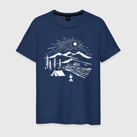 Мужская футболка хлопок с принтом Поход в Санкт-Петербурге, 100% хлопок | прямой крой, круглый вырез горловины, длина до линии бедер, слегка спущенное плечо. | горы | костёр | лес | озеро | палатка | приключения | природа | путешествие | речка | солнце | турист