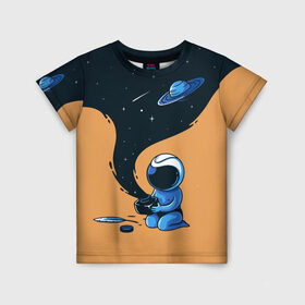 Детская футболка 3D с принтом Космонавт и чернила в Санкт-Петербурге, 100% гипоаллергенный полиэфир | прямой крой, круглый вырез горловины, длина до линии бедер, чуть спущенное плечо, ткань немного тянется | nasa | астронавт | астрономия | вселенная | звёзды | комета | космос | перо | планеты | скафандр | чернильница