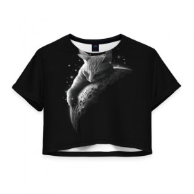 Женская футболка 3D укороченная с принтом Спящий Кот на Луне в Санкт-Петербурге, 100% полиэстер | круглая горловина, длина футболки до линии талии, рукава с отворотами | вселенная | звезды | космос | котейка | котенок | котэ | котя | лапочка | луна | милый | мимими | ночь | прелесть | сон | спутник