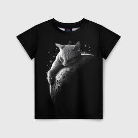 Детская футболка 3D с принтом Спящий Кот на Луне в Санкт-Петербурге, 100% гипоаллергенный полиэфир | прямой крой, круглый вырез горловины, длина до линии бедер, чуть спущенное плечо, ткань немного тянется | Тематика изображения на принте: вселенная | звезды | космос | котейка | котенок | котэ | котя | лапочка | луна | милый | мимими | ночь | прелесть | сон | спутник