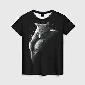 Женская футболка 3D с принтом Спящий Кот на Луне в Санкт-Петербурге, 100% полиэфир ( синтетическое хлопкоподобное полотно) | прямой крой, круглый вырез горловины, длина до линии бедер | вселенная | звезды | космос | котейка | котенок | котэ | котя | лапочка | луна | милый | мимими | ночь | прелесть | сон | спутник