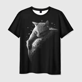 Мужская футболка 3D с принтом Спящий Кот на Луне в Санкт-Петербурге, 100% полиэфир | прямой крой, круглый вырез горловины, длина до линии бедер | Тематика изображения на принте: вселенная | звезды | космос | котейка | котенок | котэ | котя | лапочка | луна | милый | мимими | ночь | прелесть | сон | спутник
