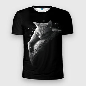 Мужская футболка 3D спортивная с принтом Спящий Кот на Луне в Санкт-Петербурге, 100% полиэстер с улучшенными характеристиками | приталенный силуэт, круглая горловина, широкие плечи, сужается к линии бедра | вселенная | звезды | космос | котейка | котенок | котэ | котя | лапочка | луна | милый | мимими | ночь | прелесть | сон | спутник