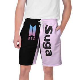 Мужские шорты 3D с принтом BTS Suga в Санкт-Петербурге,  полиэстер 100% | прямой крой, два кармана без застежек по бокам. Мягкая трикотажная резинка на поясе, внутри которой широкие завязки. Длина чуть выше колен | bts | suga | бтс | группа | корейская | музыка | розовый | цветы | черный
