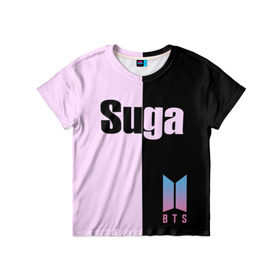 Детская футболка 3D с принтом BTS Suga в Санкт-Петербурге, 100% гипоаллергенный полиэфир | прямой крой, круглый вырез горловины, длина до линии бедер, чуть спущенное плечо, ткань немного тянется | Тематика изображения на принте: bts | suga | бтс | группа | корейская | музыка | розовый | цветы | черный