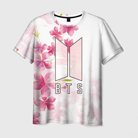 Мужская футболка 3D с принтом BTS в Санкт-Петербурге, 100% полиэфир | прямой крой, круглый вырез горловины, длина до линии бедер | bts | бтс | группа | корейская | музыка | розовый | цветы