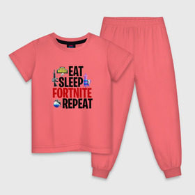 Детская пижама хлопок с принтом Eat Sleep Fortnite Repeat в Санкт-Петербурге, 100% хлопок |  брюки и футболка прямого кроя, без карманов, на брюках мягкая резинка на поясе и по низу штанин
 | Тематика изображения на принте: 