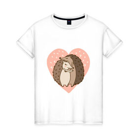 Женская футболка хлопок с принтом Влюбленные ёжики в Санкт-Петербурге, 100% хлопок | прямой крой, круглый вырез горловины, длина до линии бедер, слегка спущенное плечо | 