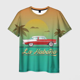 Мужская футболка 3D с принтом La Habana в Санкт-Петербурге, 100% полиэфир | прямой крой, круглый вырез горловины, длина до линии бедер | american | car | cuba | habana | taxi | travel