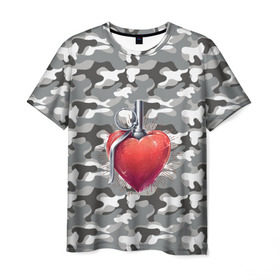 Мужская футболка 3D с принтом Граната в виде сердца в Санкт-Петербурге, 100% полиэфир | прямой крой, круглый вырез горловины, длина до линии бедер | 