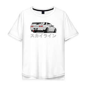 Мужская футболка хлопок Oversize с принтом R32 GODZILLA в Санкт-Петербурге, 100% хлопок | свободный крой, круглый ворот, “спинка” длиннее передней части | godzilla | nissan | r32 | r33 | r34 | skyline | годзила | ниссан | скайлайн