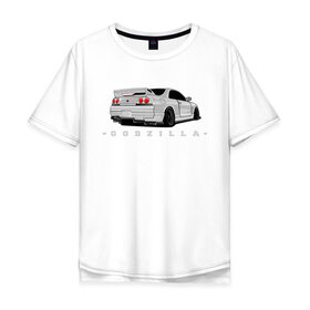 Мужская футболка хлопок Oversize с принтом R33 GODZILLA в Санкт-Петербурге, 100% хлопок | свободный крой, круглый ворот, “спинка” длиннее передней части | Тематика изображения на принте: godzilla | nissan | r32 | r33 | r34 | skyline | годзила | ниссан | скайлайн