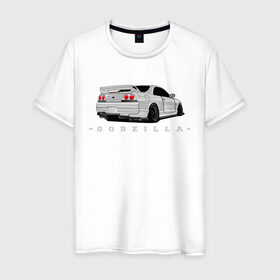 Мужская футболка хлопок с принтом R33 GODZILLA в Санкт-Петербурге, 100% хлопок | прямой крой, круглый вырез горловины, длина до линии бедер, слегка спущенное плечо. | godzilla | nissan | r32 | r33 | r34 | skyline | годзила | ниссан | скайлайн