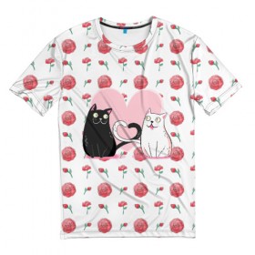 Мужская футболка 3D с принтом Милые котики в Санкт-Петербурге, 100% полиэфир | прямой крой, круглый вырез горловины, длина до линии бедер | 14 февраля | влюбленность | влюбленные | день влюбленных | день святого валентина | кот | котики | коты | кошка | любовь | милые | романтика | романтическая | сердечки | сердце