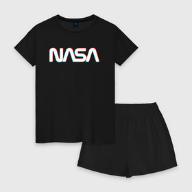 Женская пижама с шортиками хлопок с принтом NASA GLITCH в Санкт-Петербурге, 100% хлопок | футболка прямого кроя, шорты свободные с широкой мягкой резинкой | galaxy | nasa | space | space company | star | астрономия | галактика | звезды | космическая компания | космос | наса