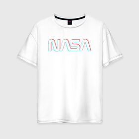 Женская футболка хлопок Oversize с принтом NASA GLITCH в Санкт-Петербурге, 100% хлопок | свободный крой, круглый ворот, спущенный рукав, длина до линии бедер
 | galaxy | nasa | space | space company | star | астрономия | галактика | звезды | космическая компания | космос | наса
