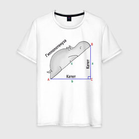 Мужская футболка хлопок с принтом Гиппопотинуза в Санкт-Петербурге, 100% хлопок | прямой крой, круглый вырез горловины, длина до линии бедер, слегка спущенное плечо. | гиппопотам. гипотенуза. катет | теорема | треугольник | угол. геометрия. математика. школа