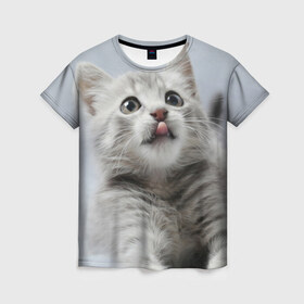 Женская футболка 3D с принтом Котенок в Санкт-Петербурге, 100% полиэфир ( синтетическое хлопкоподобное полотно) | прямой крой, круглый вырез горловины, длина до линии бедер | голова | животные | кот | котенок | котик | кошка | мордочка | природа | язык