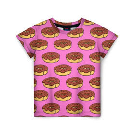 Детская футболка 3D с принтом Пончики Паттерн в Санкт-Петербурге, 100% гипоаллергенный полиэфир | прямой крой, круглый вырез горловины, длина до линии бедер, чуть спущенное плечо, ткань немного тянется | donut | вкусный | вкусняшка | еда | пончик | розовый