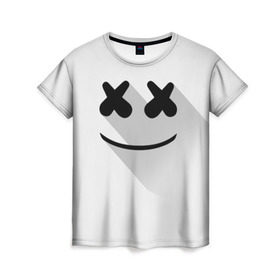 Женская футболка 3D с принтом Marshmello в Санкт-Петербурге, 100% полиэфир ( синтетическое хлопкоподобное полотно) | прямой крой, круглый вырез горловины, длина до линии бедер | marshmello | диджей | клуб | клубная музыка | маршмеллоу | маршмэлло | маршмэллоу | музыка | электронная