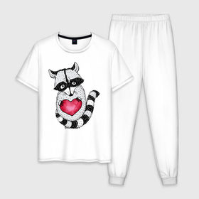 Мужская пижама хлопок с принтом Енот с сердцем в Санкт-Петербурге, 100% хлопок | брюки и футболка прямого кроя, без карманов, на брюках мягкая резинка на поясе и по низу штанин
 | 