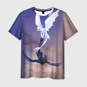 Мужская футболка 3D с принтом как приручить дракона в Санкт-Петербурге, 100% полиэфир | прямой крой, круглый вырез горловины, длина до линии бедер | light fury | night fury | беззубик | дракон | как приручить дракона | ночная фурия