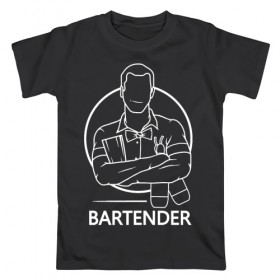 Мужская футболка хлопок с принтом Bartender в Санкт-Петербурге, 100% хлопок | прямой крой, круглый вырез горловины, длина до линии бедер, слегка спущенное плечо. | bar | barman | bartender | бармен | бартендер | бутылки | виски | день бармена | мужчина | надпись | подарок бармену | рисунок | человек | шейкер