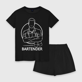 Женская пижама с шортиками хлопок с принтом Bartender в Санкт-Петербурге, 100% хлопок | футболка прямого кроя, шорты свободные с широкой мягкой резинкой | bar | barman | bartender | бармен | бартендер | бутылки | виски | день бармена | мужчина | надпись | подарок бармену | рисунок | человек | шейкер