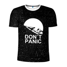 Мужская футболка 3D спортивная с принтом DON`T PANIC в Санкт-Петербурге, 100% полиэстер с улучшенными характеристиками | приталенный силуэт, круглая горловина, широкие плечи, сужается к линии бедра | Тематика изображения на принте: don t panic | elon mask | galaxy | nasa | space x | stars | галактика | звезды | знаменитости | илон маск | космос | не паникуйте