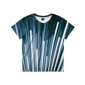 Детская футболка 3D с принтом Lights Lines в Санкт-Петербурге, 100% гипоаллергенный полиэфир | прямой крой, круглый вырез горловины, длина до линии бедер, чуть спущенное плечо, ткань немного тянется | abstraction | art | blue | lights | lines | white | абстракция | арт | белый | линии | свет | синий