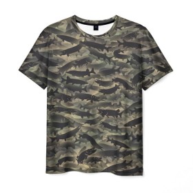 Мужская футболка 3D с принтом Камуфляж с щуками в Санкт-Петербурге, 100% полиэфир | прямой крой, круглый вырез горловины, длина до линии бедер | камуфляж | милитари | паттерн | рыба | рыбак | рыбалка | рыбина | улов | хаки | щука