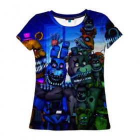 Женская футболка 3D с принтом Five Nights At Freddy`s в Санкт-Петербурге, 100% полиэфир ( синтетическое хлопкоподобное полотно) | прямой крой, круглый вырез горловины, длина до линии бедер | five nights at freddys | foxy | аниматроники | игра | компьютерная игра | робот | фокси | фредди | чика